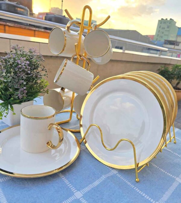 12-Piece White & Gold Ring Dinner Set - 6 Dinner Plates (10.5 Inch) & 6 Cups