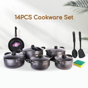 TC 14-Piece Non-Stick Cookware Set - Sufuria Pots (20-30cm), Frying Pan, Non-Stick Spoons & Scotch Brite Included
