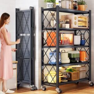 5-Tier Foldable Storage Rack with Wheels - Kitchen Organizer Shelf