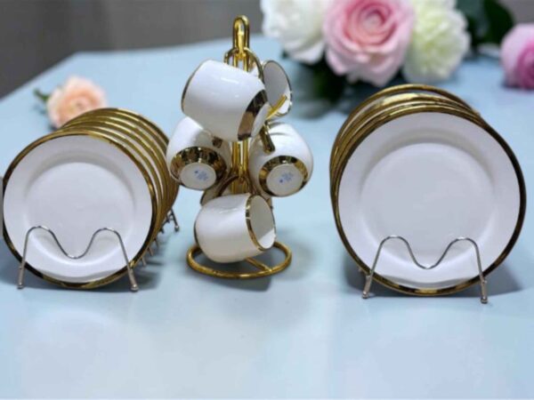 18-Piece White & Gold Ring Ceramic Dinner Set - 6 Dinner Plates, 6 Side Plates & 6 Pot-Style Mugs
