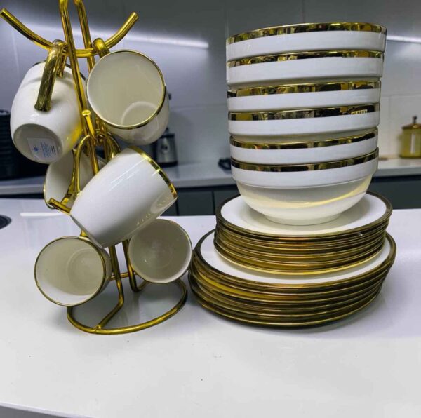24-Piece White & Gold Ring Ceramic Dinner Set - 6 Dinner Plates, 6 Side Plates, 6 Bowls & 6 Cups
