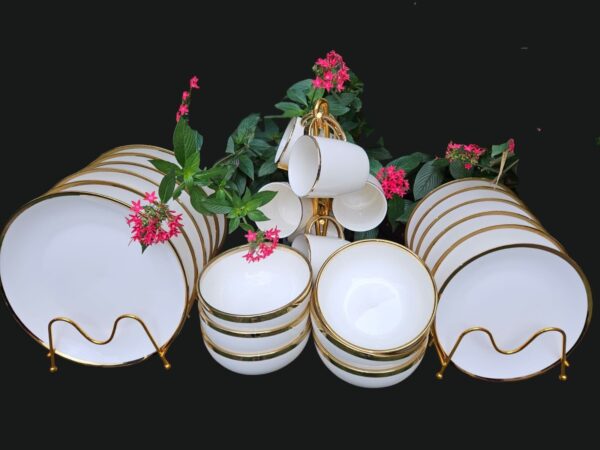 18-Piece White & Gold Ring Ceramic Dinner Set - 6 Dinner Plates, 6 Side Plates & 6 Bowls (No Cups)