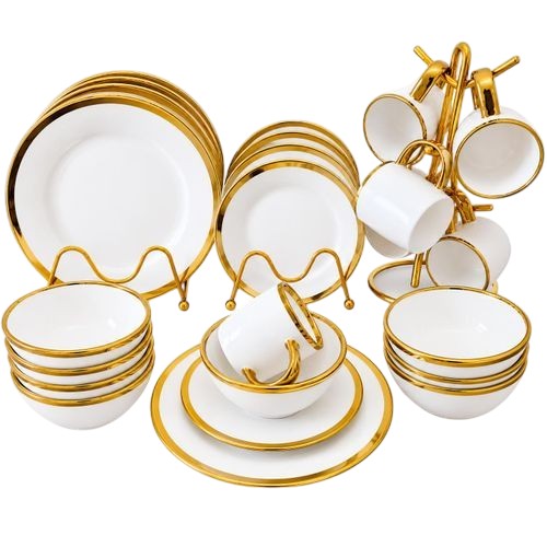 24-Piece Stylish Gold Ring Ceramic Dinner Plates