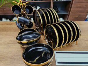 24-Piece Black Gold Ring Ceramic Dinner Plates